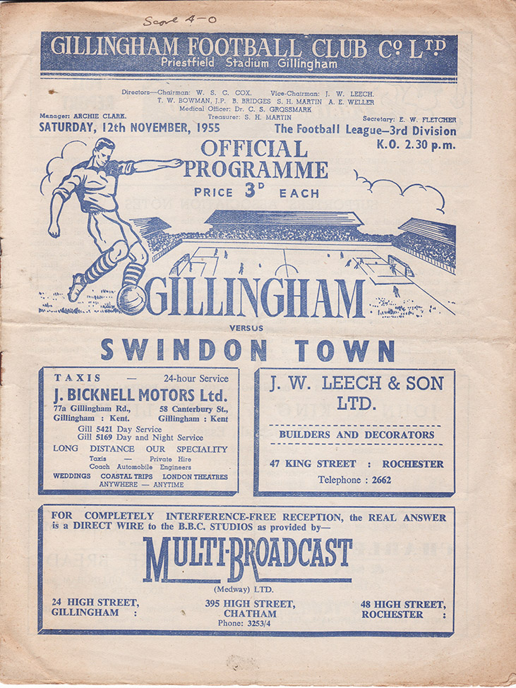 <b>Saturday, November 12, 1955</b><br />vs. Gillingham (Away)
